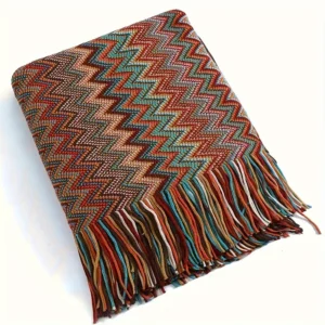 1 Stück Strickdecke im Preppy-Stil mit Quasten - Gestreifte, leichte, luxuriöse Bohemian-Couchdecke aus Polyester für alle Jahreszeiten, Wohnkultur, Reisen - Quastenverzierung, kein Druck, 200-250 g